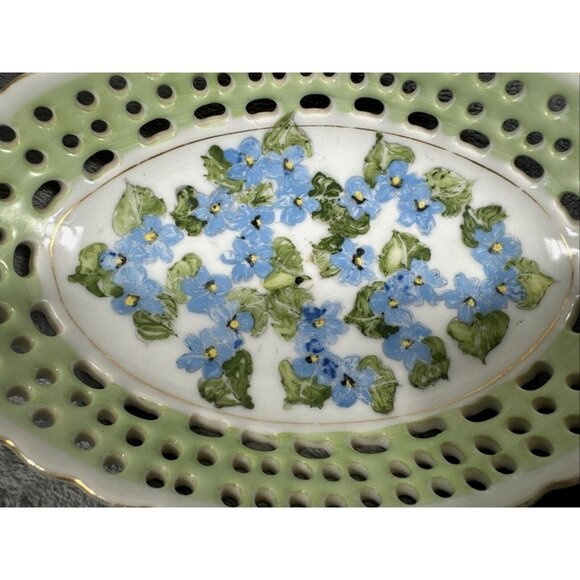 Antique Hand-Painted Porcelain Reticulated Serving Tray With Blue Floral Design - Picture 7 of 11